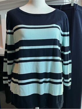 Talbots Navy and Aqua Striped Scoop Neck Sweater